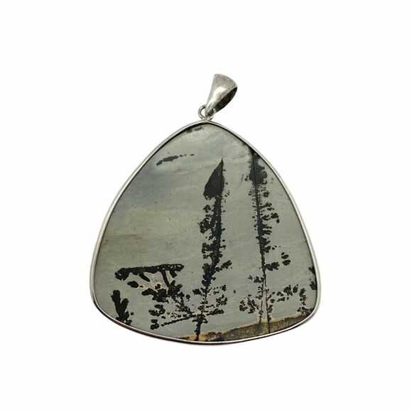 Eched Stone Pendant Hand Crafted Misty Trees 925 Marked Statement - Picture 2 of 12